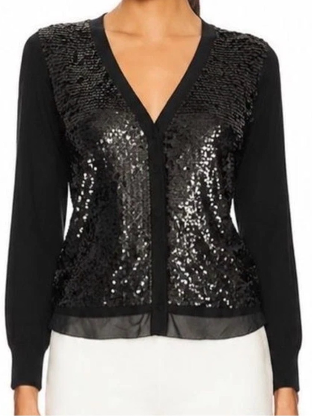 Jamie Gries Black Sequin Sheer Mesh Trim Cardigan Sweater NEW NWOT